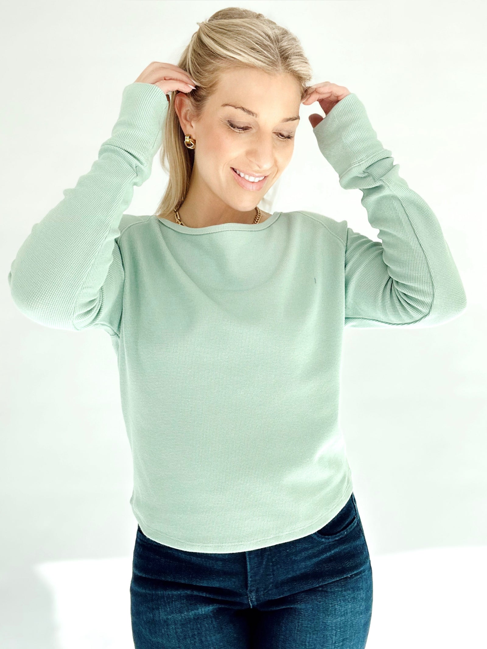 Mindy Thermal Knit Long Sleeve Top Aqua Blue