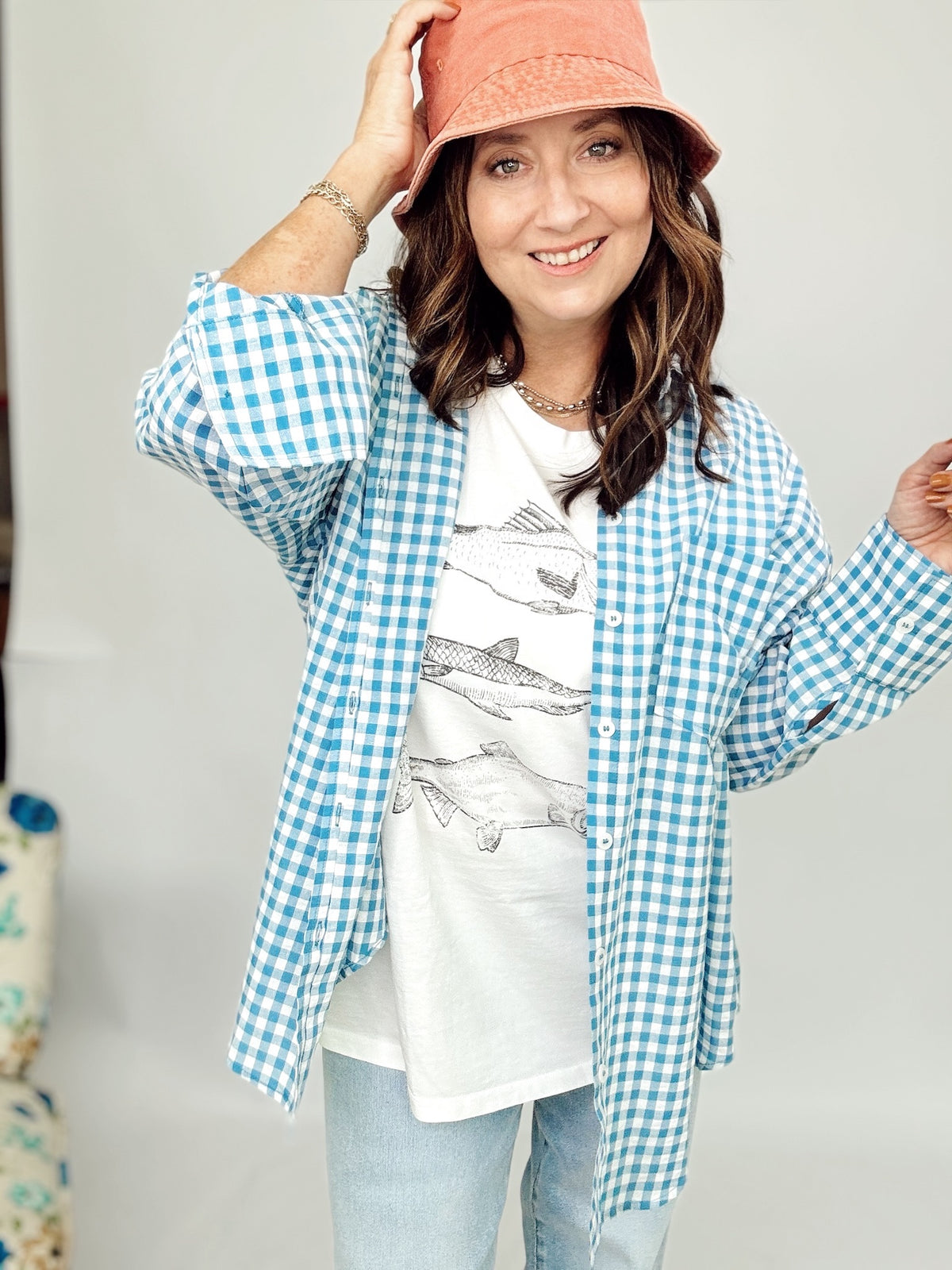Bobbi Gingham Print Shirt Aqua
