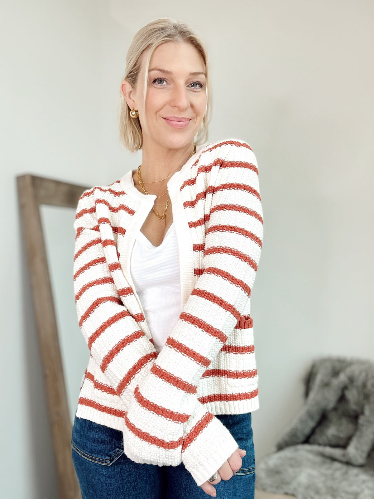 Tara Stripe Open Cardigan Poppy