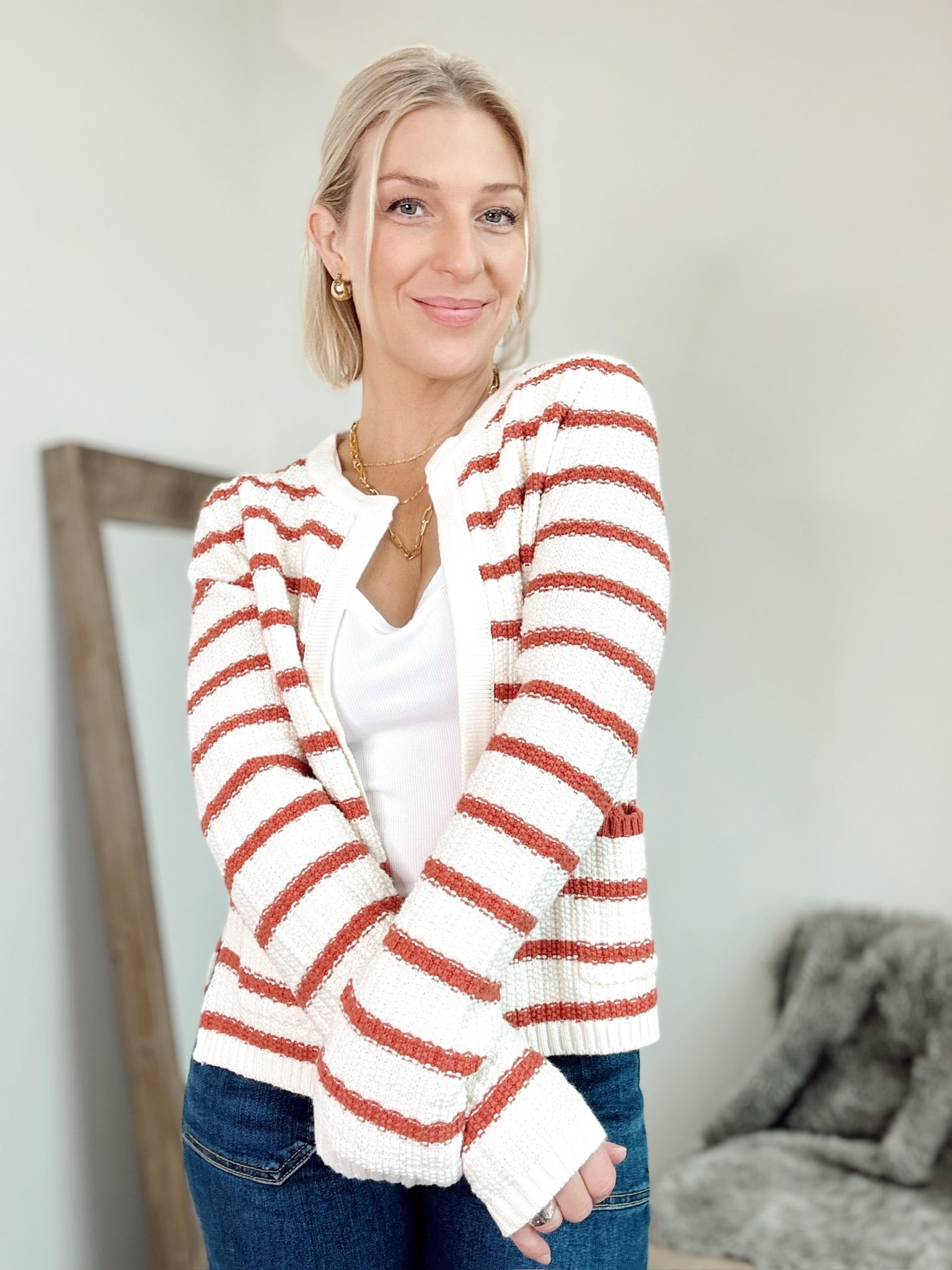 Tara Stripe Open Cardigan Poppy