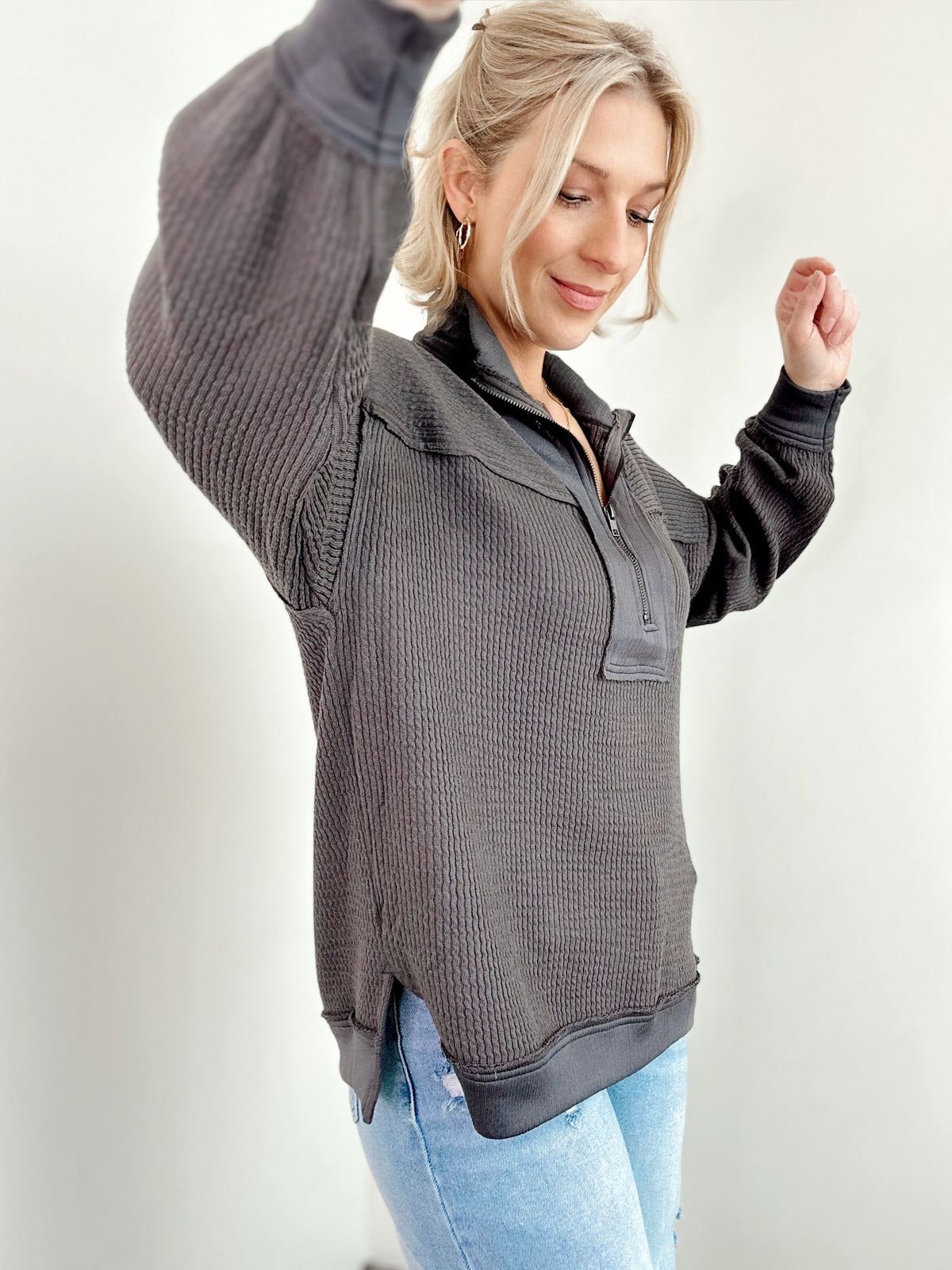 Joanna Half Zip Waffle Knit Top Charcoal