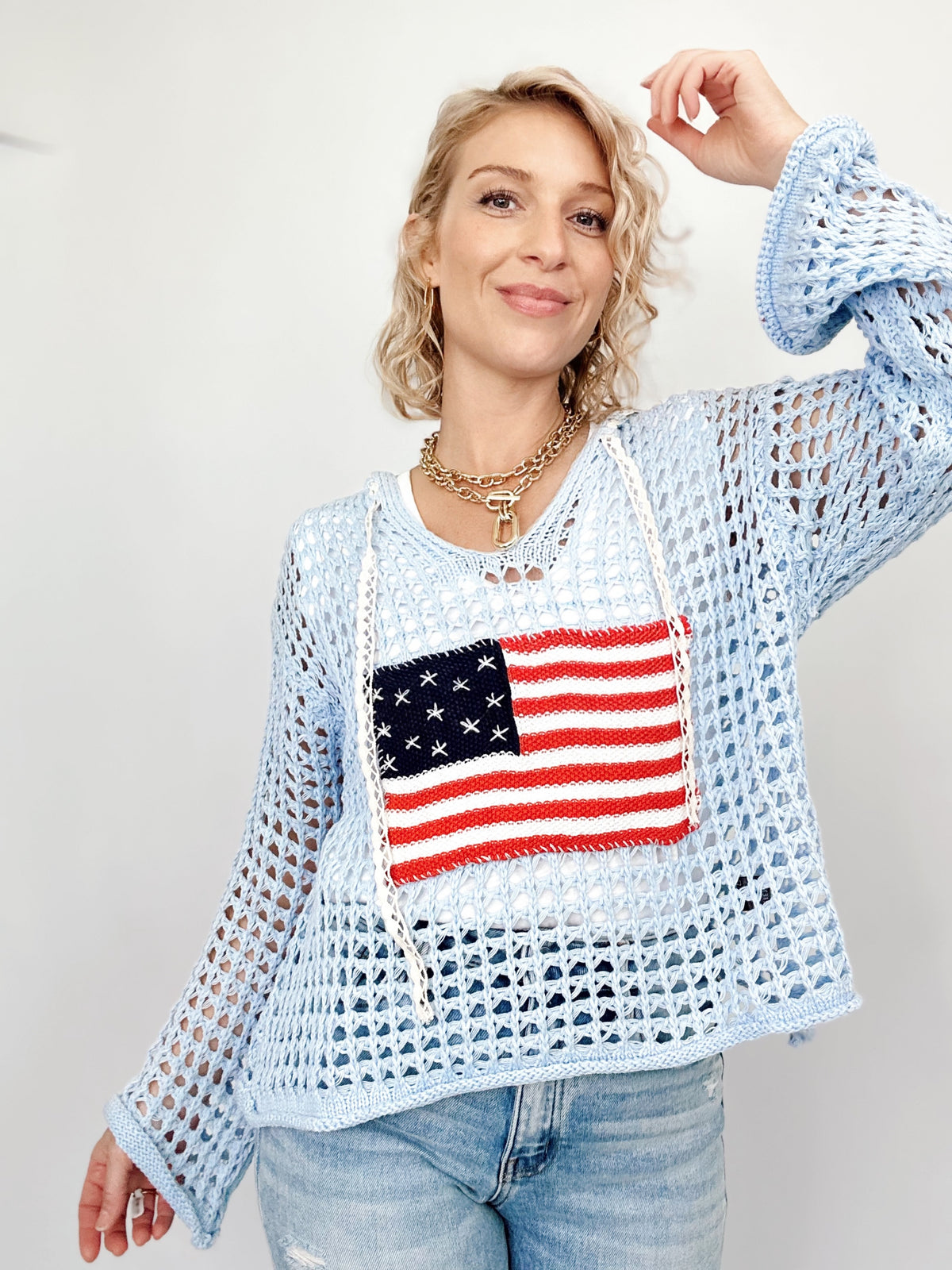 American Flag Thin Sweater Top Sky Blue