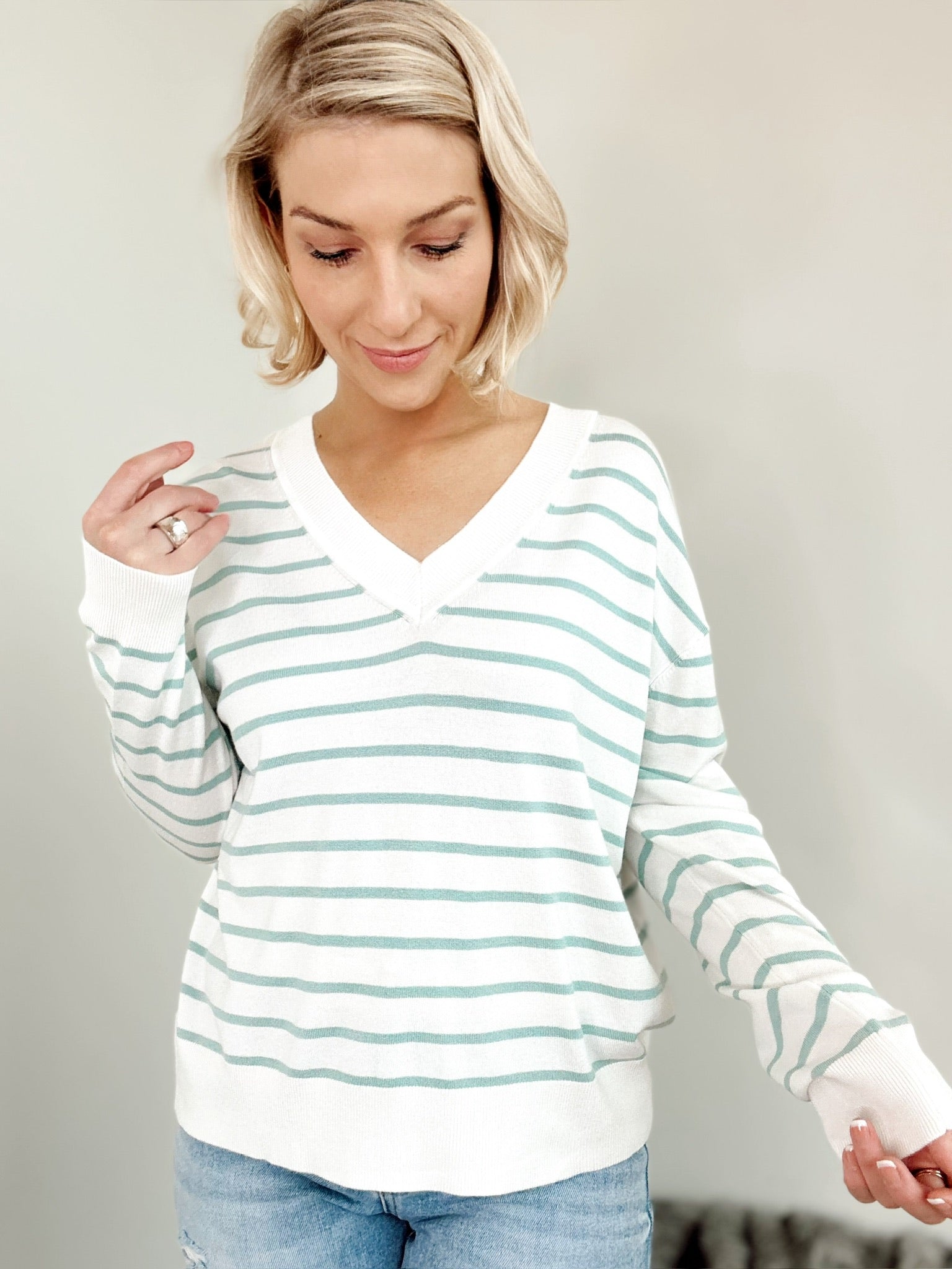 Lauren Striped V-Neck Sweater Mint