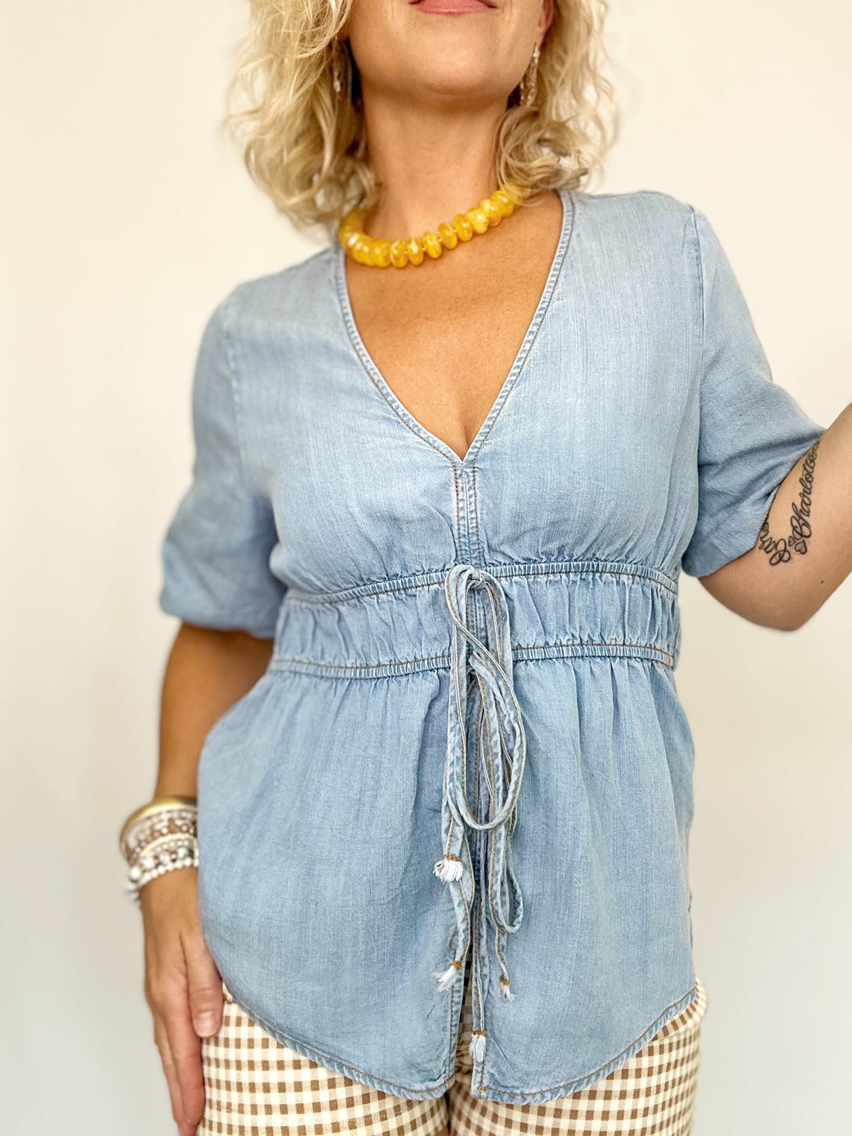 Kendall Bubble Sleeve Chambray Denim Top Light