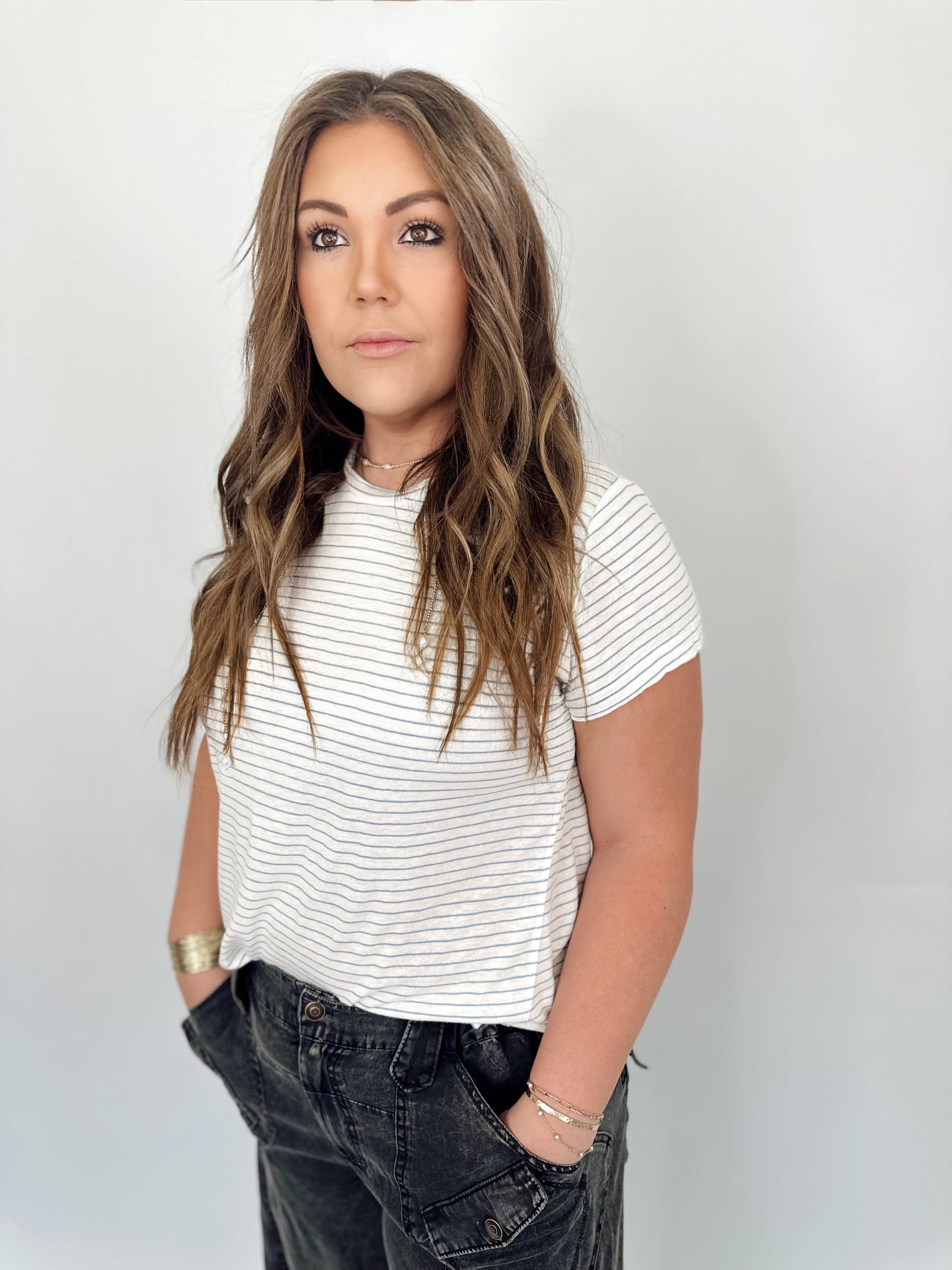 Lilah Linen Blended Striped Tee Retro Blue