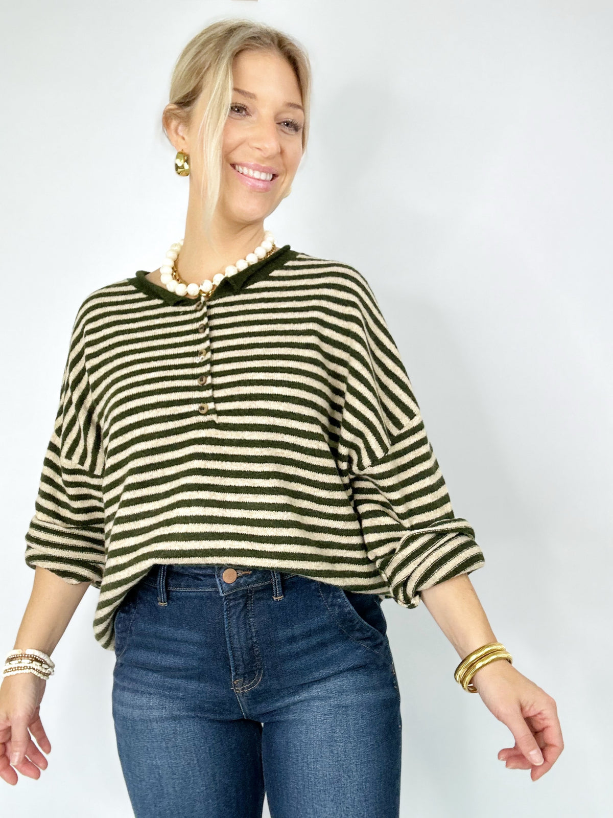 Mindee Henley Stripe Sweater Olive