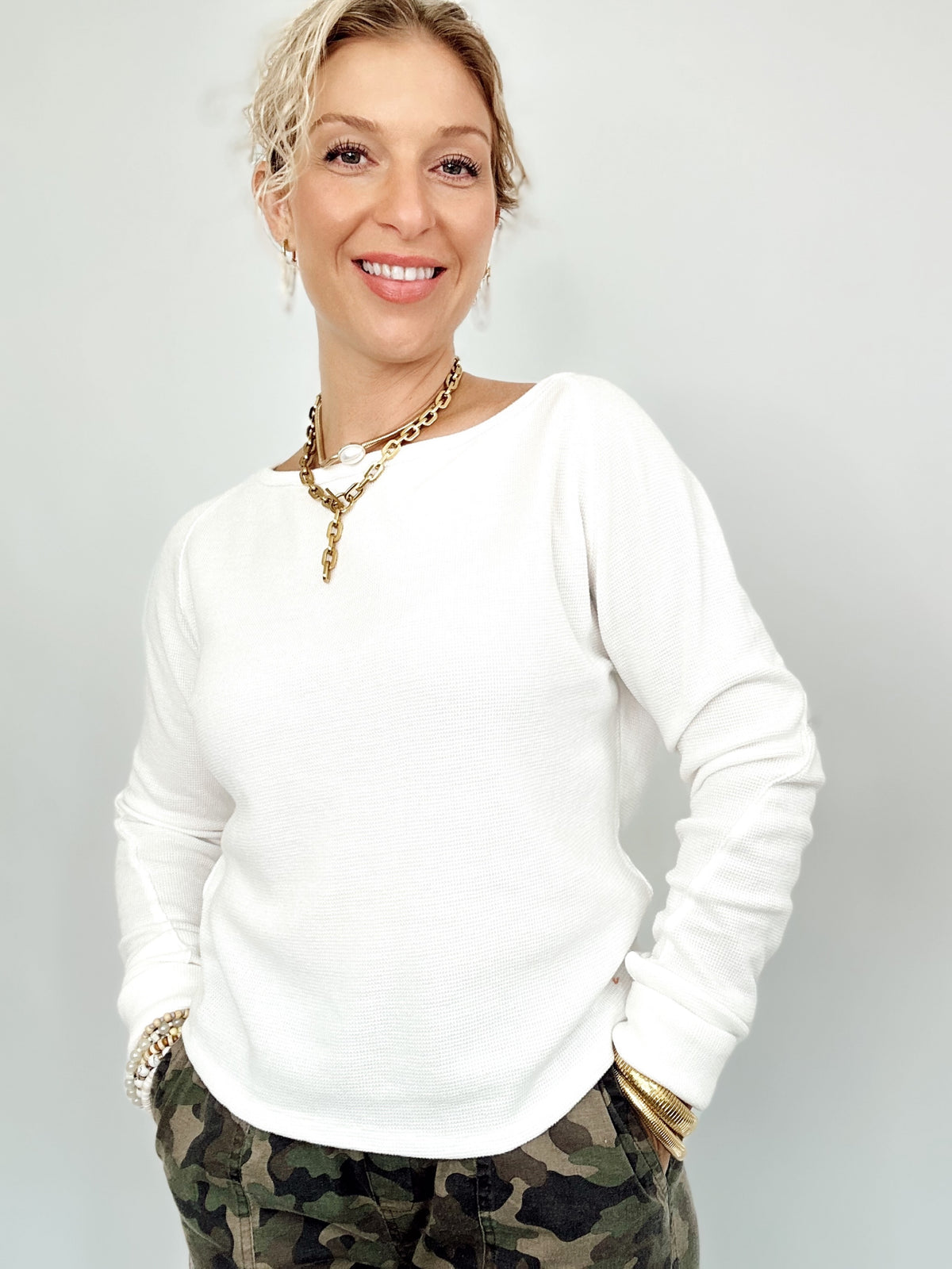 Mindy Thermal Knit Long Sleeve Top White