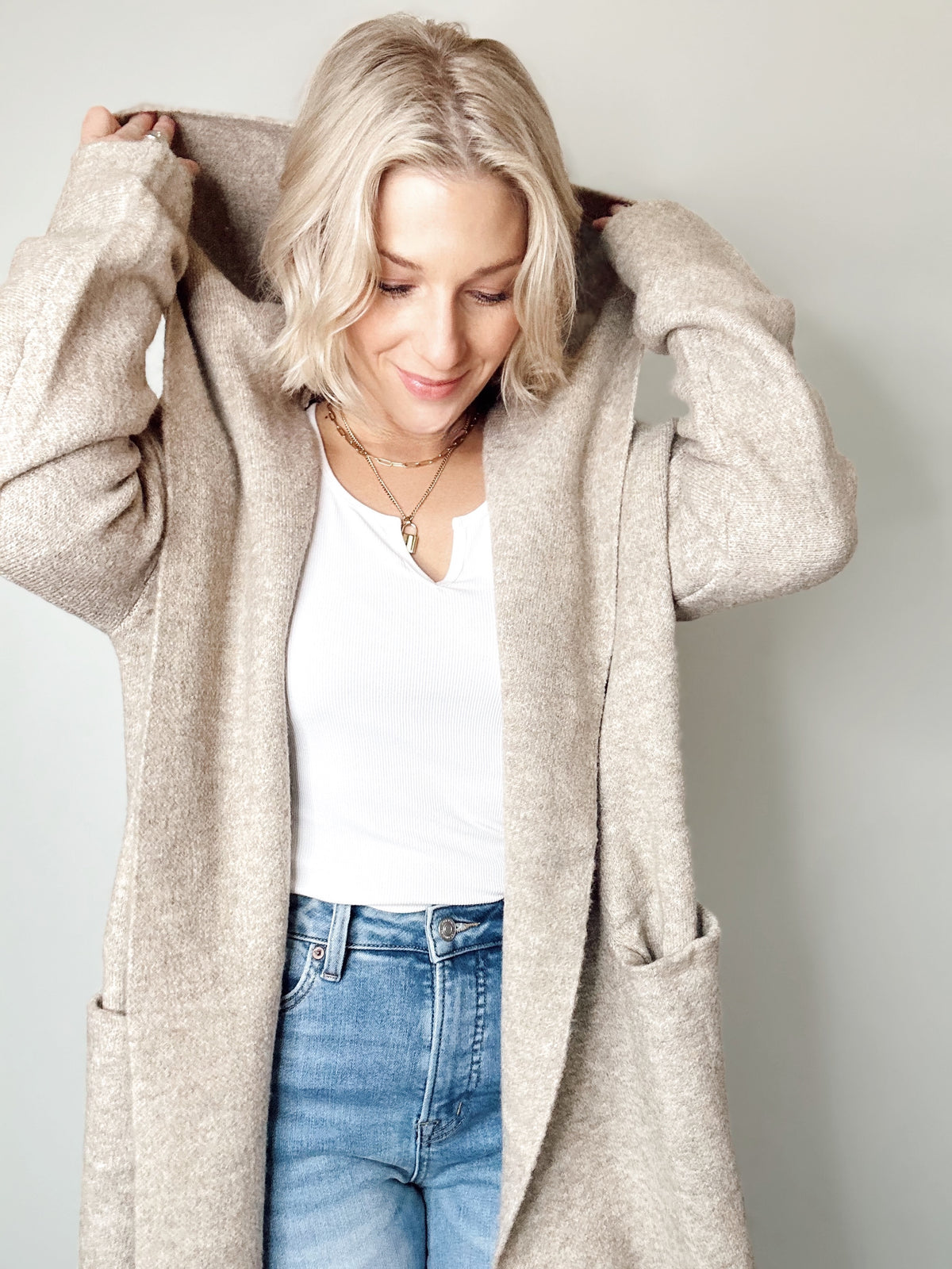 Jill Hooded Cardigan Coat Taupe
