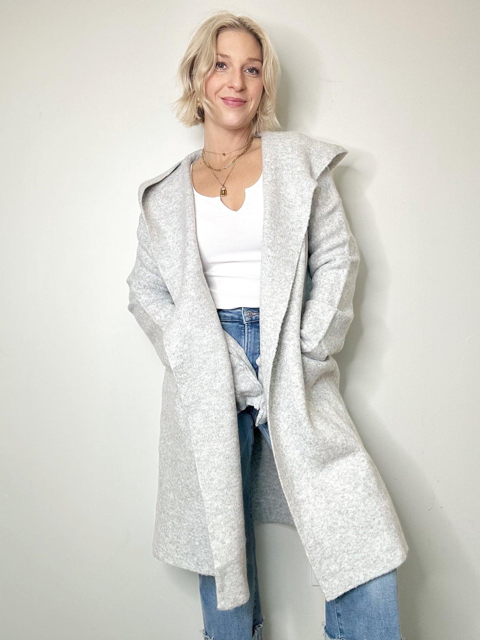 Jill Hooded Cardigan Coat Silver