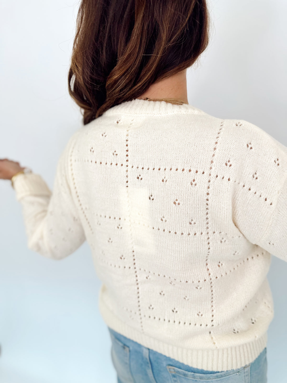 Joyce Floral Pointelle Knit Cardigan Ecru