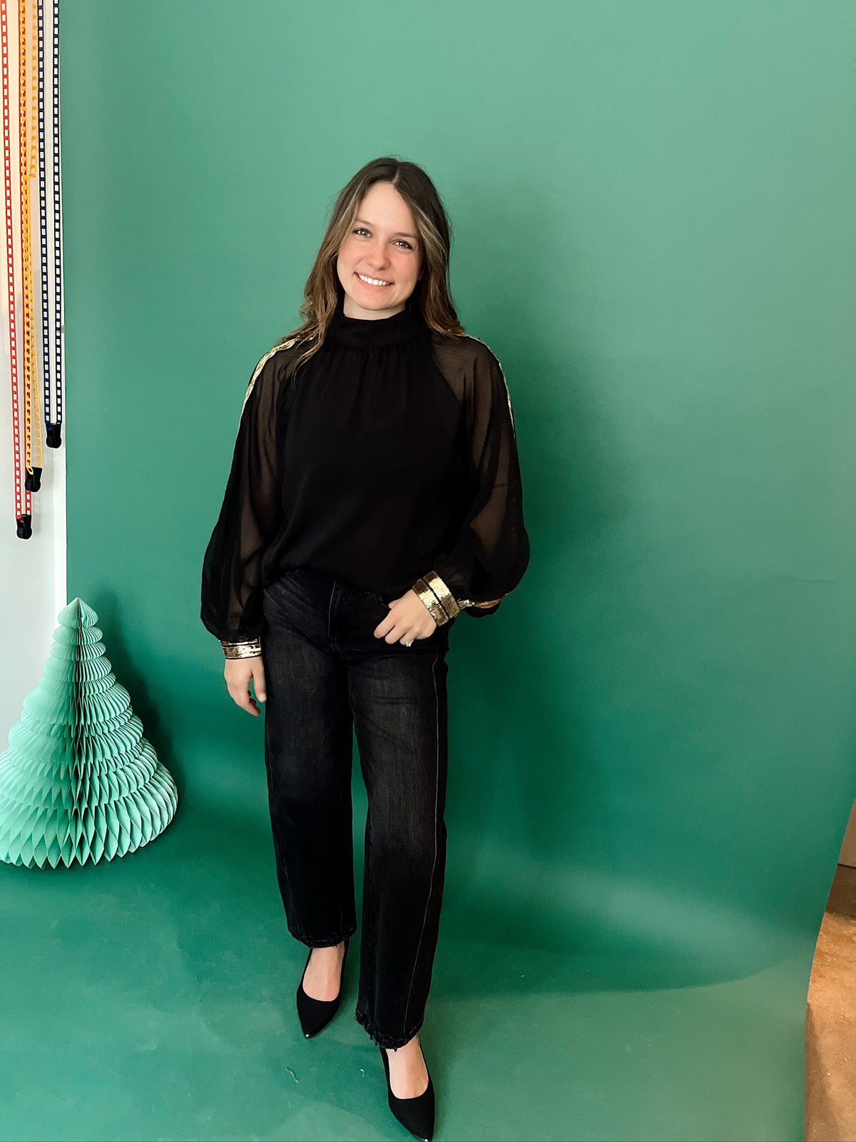 Isabella Raglan Sequin Chiffon Top Black