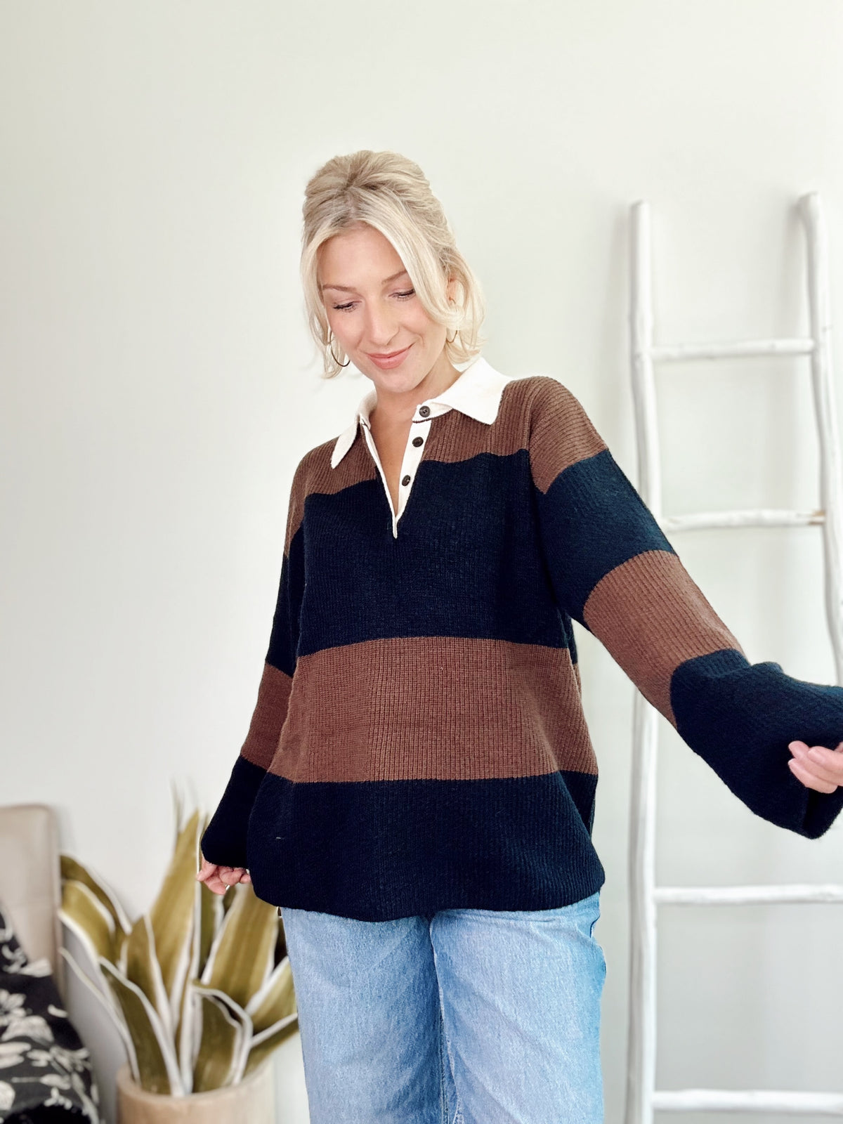 Maddy Wide Stripe Polo Sweater Navy