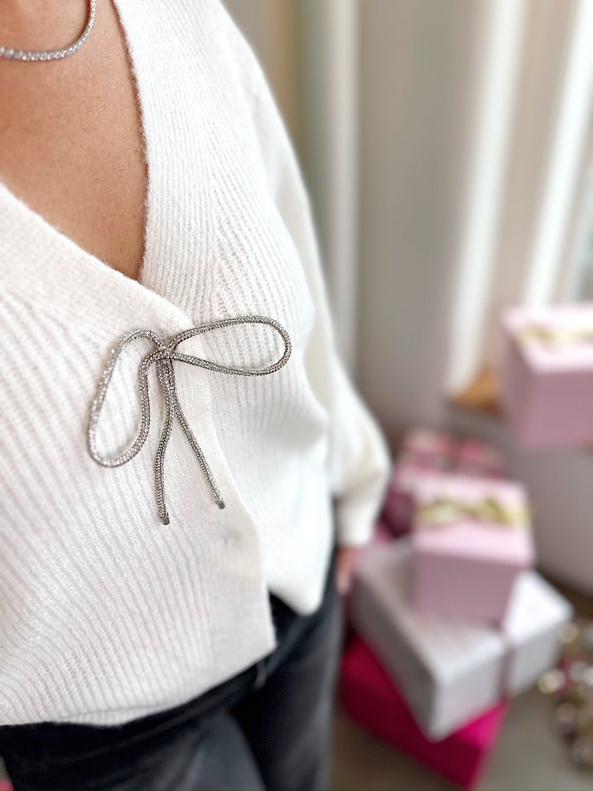 Ayla Sparkle Bow Cardigan Cream