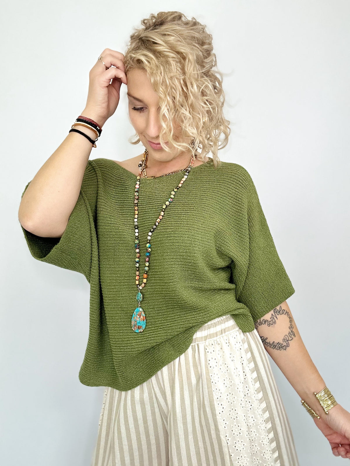 Kai Ribbed Dolman Sweater Top Fern Green