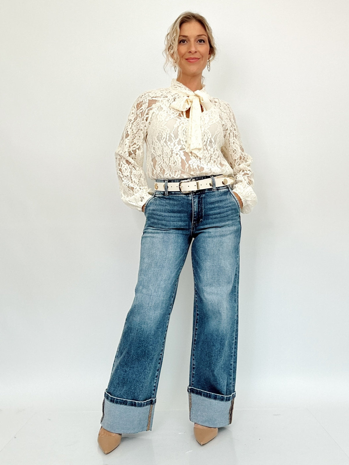 Juliet Sheer Lace Tie Neck Blouse Ivory