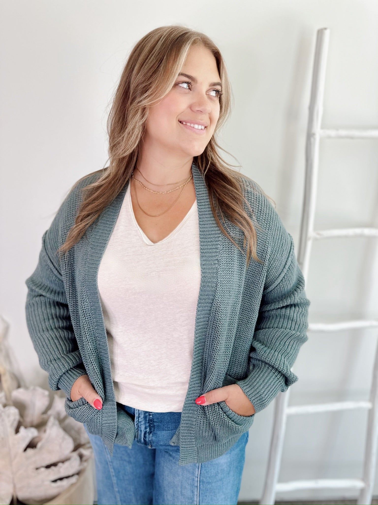Hailey Chunky Ribbed Cardigan Emerald Blue