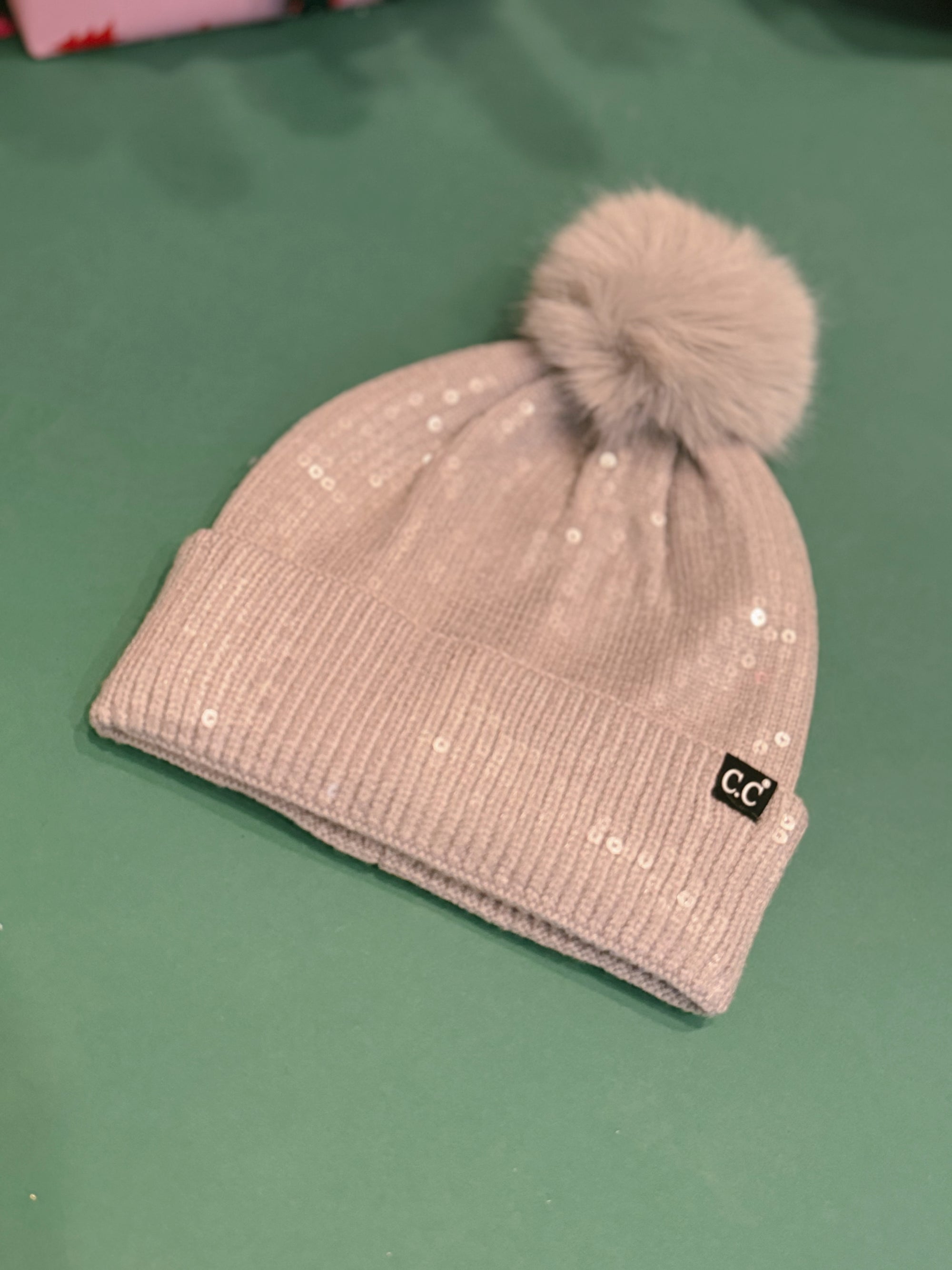 Allover Clear Sequin Faux Fur Pom C.C. Beanie