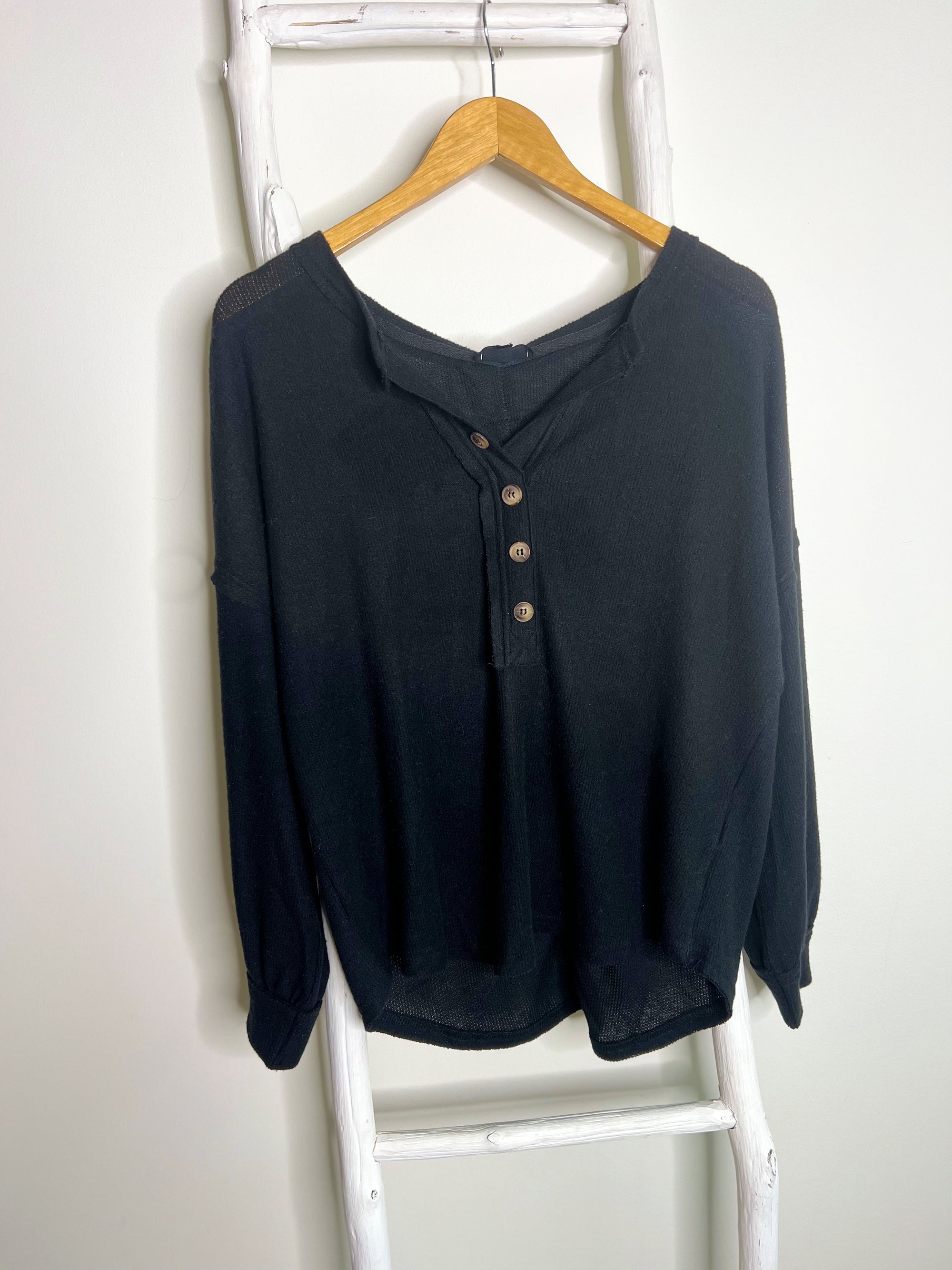 Selah V-Neck Half Button Long Sleeve Top Black