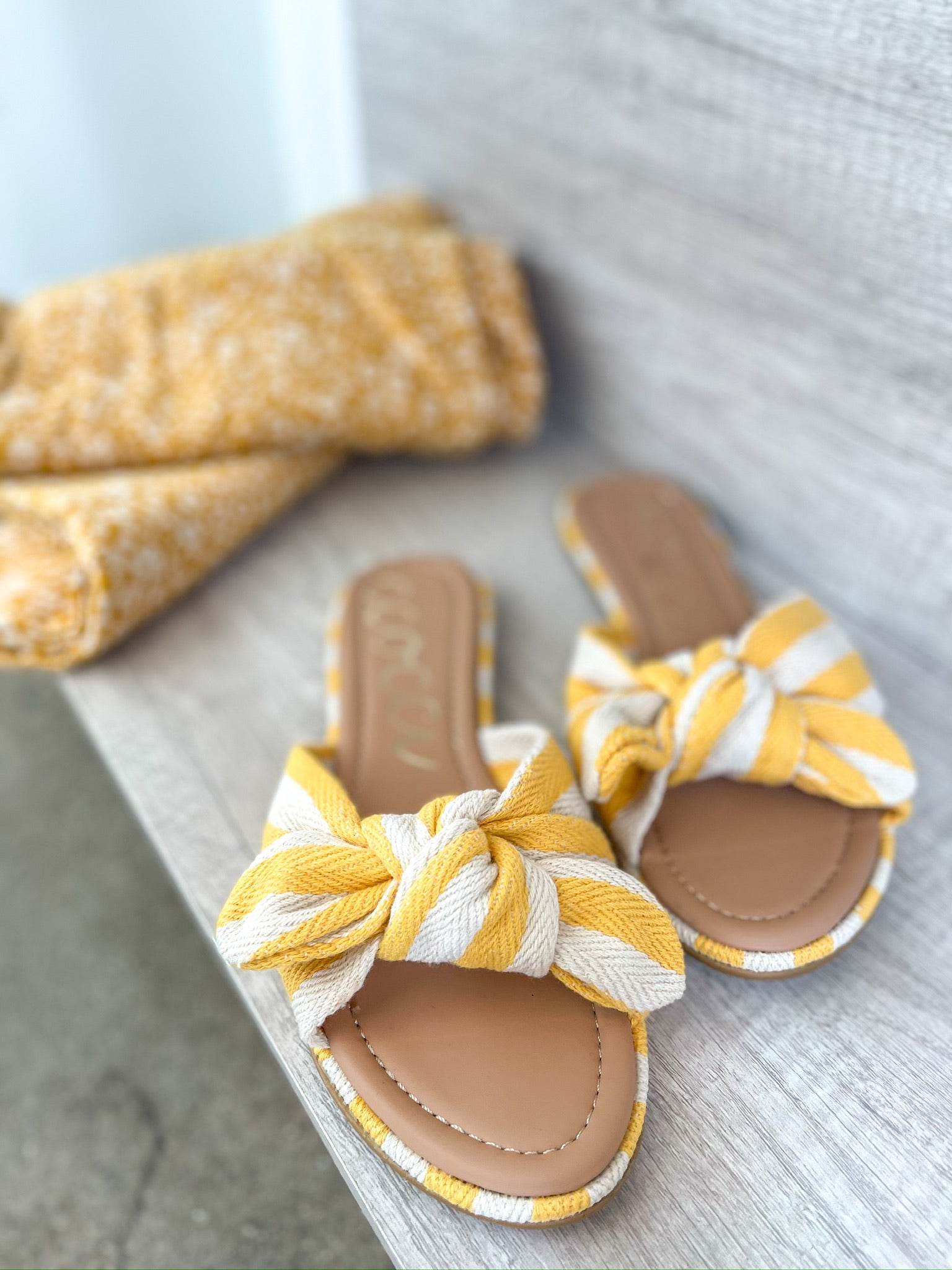 Rachael Striped Canvas Bow Sandal, Yellow