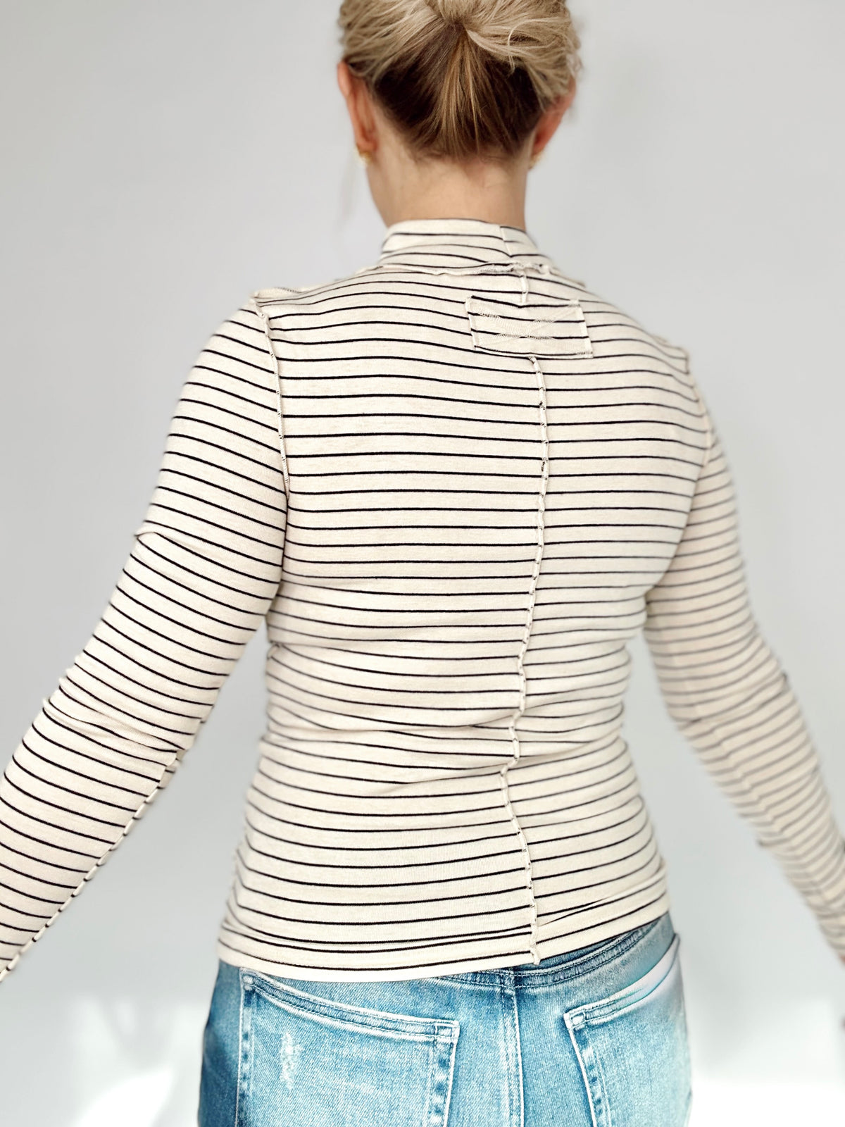 Janey Striped Mock Neck Top Cream