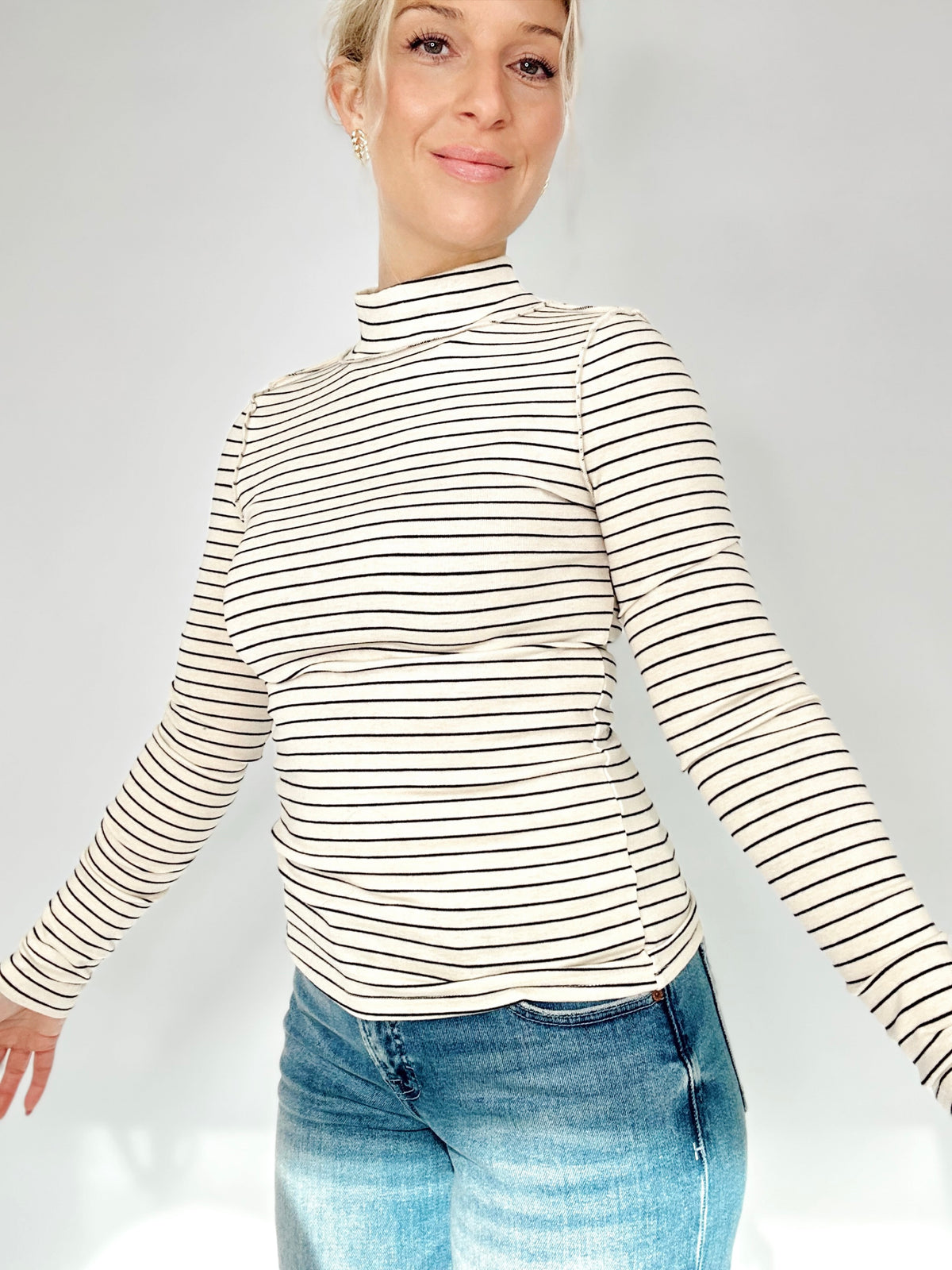 Janey Striped Mock Neck Top Cream