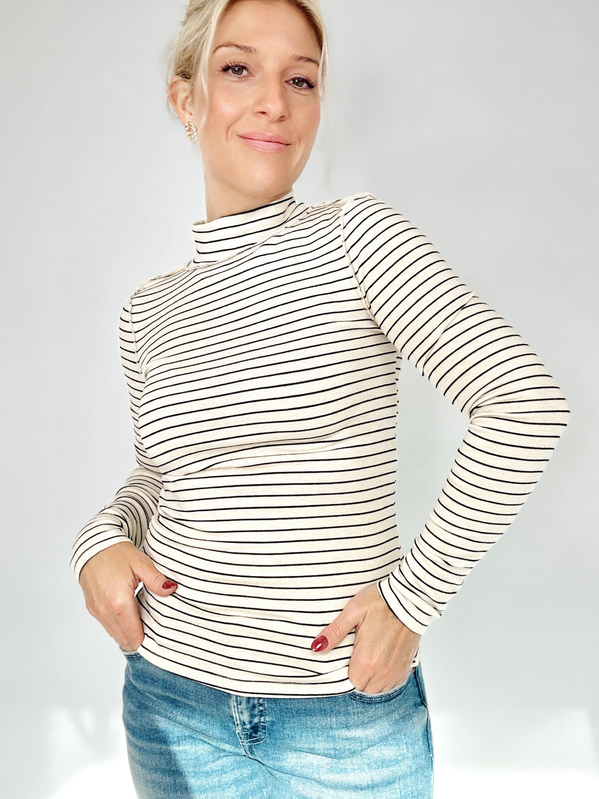 Janey Striped Mock Neck Top Cream