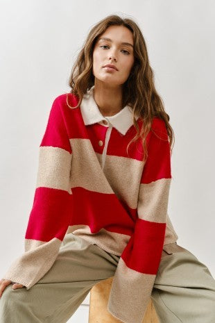 Jamie Striped Polo Sweater Taupe/Red