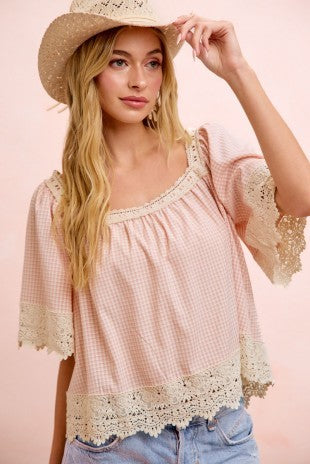 Ginger Gingham &amp; Lace Top Blush