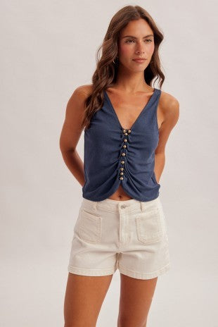 Janice Embellished Ruched Tank Top Navy