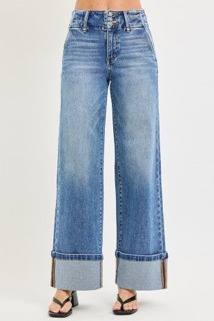 Elise High Rise Wide Leg Cuffed Hem Jeans