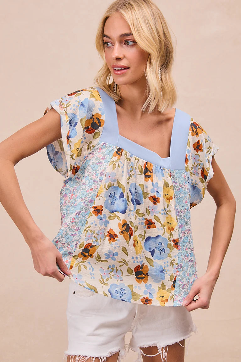 Mona Floral Square Neck Top Royal