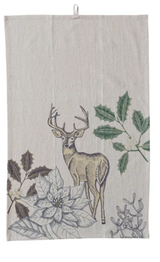 Cotton & Linen Printed Tea Towel w/Floral & Fauna