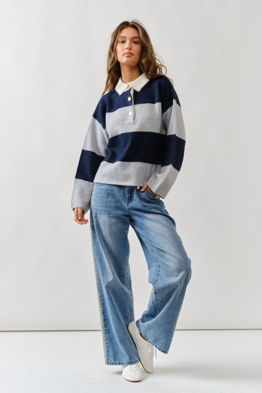 Jamie Striped Polo Sweater Navy/Grey