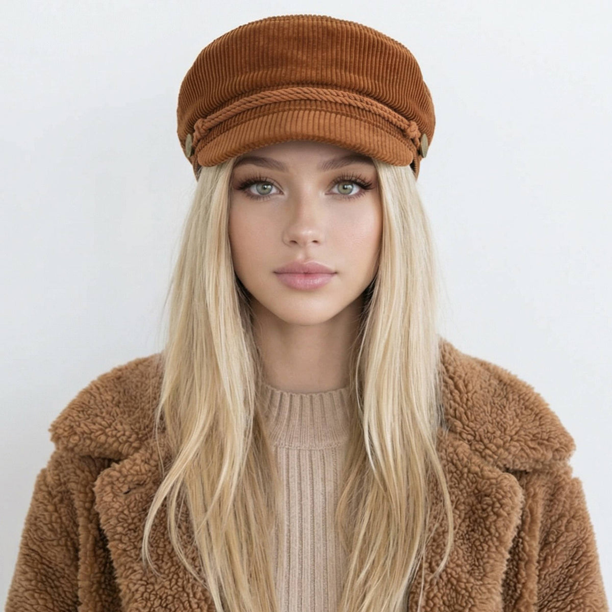 Girl wearing a C.C cotton corduroy solid with rope fisherman cap in the color brown.