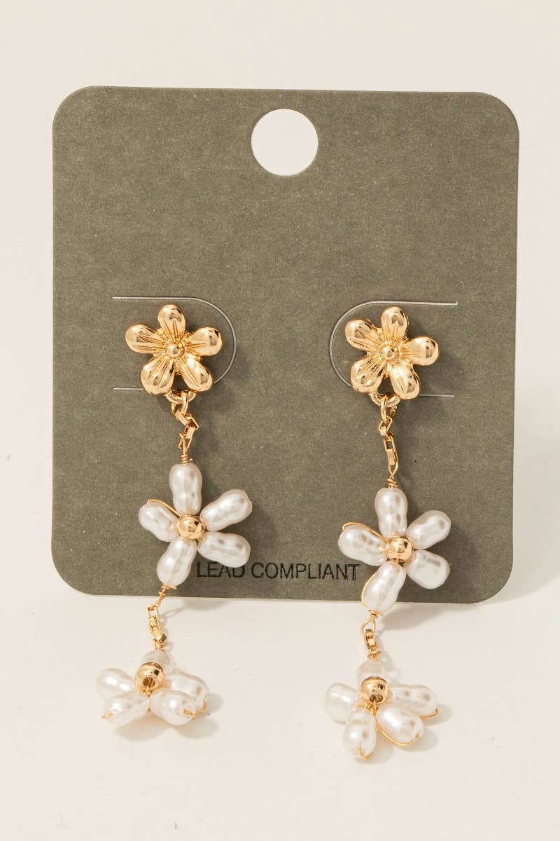 Pearl Beaded Flower Chain Dangle Earrings