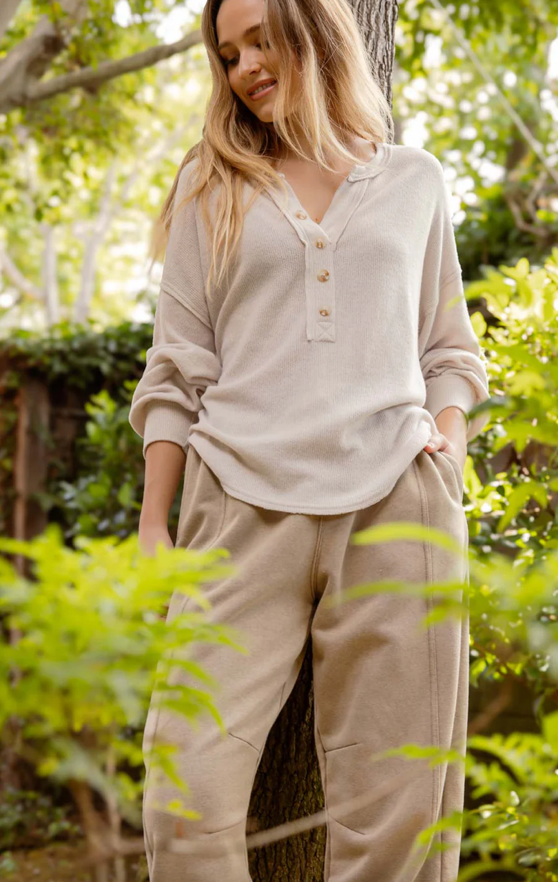 Selah V-Neck Half Button Long Sleeve Top Oatmeal