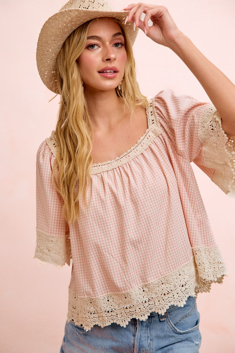 Ginger Gingham &amp; Lace Top Blush