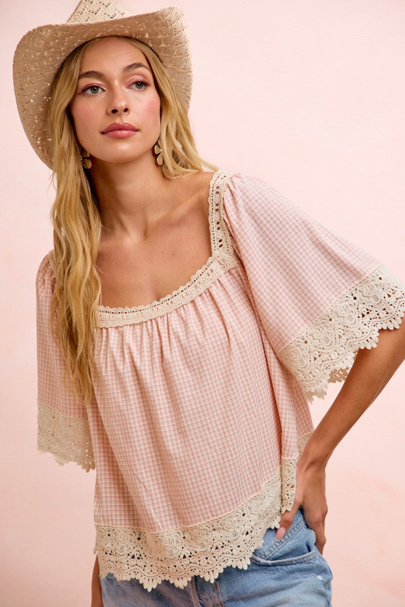 Ginger Gingham &amp; Lace Top Blush