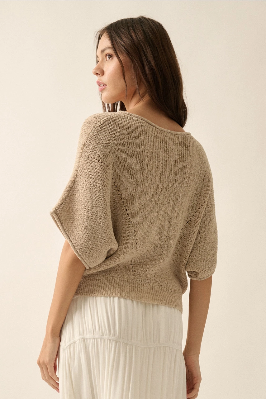 Colleen Short Sleeve Pointelle Ribbed Knit Sweater