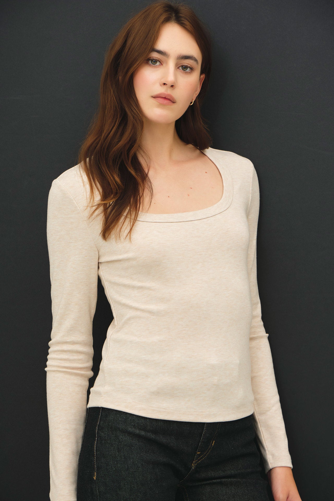 Betty Basic Scoop Neck Long Sleeve Top Oatmeal