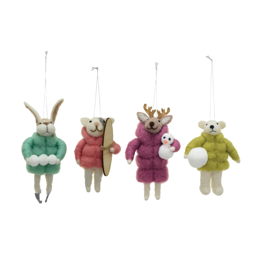 Handmade Wool Felt Animal In Winter Coat Ornament