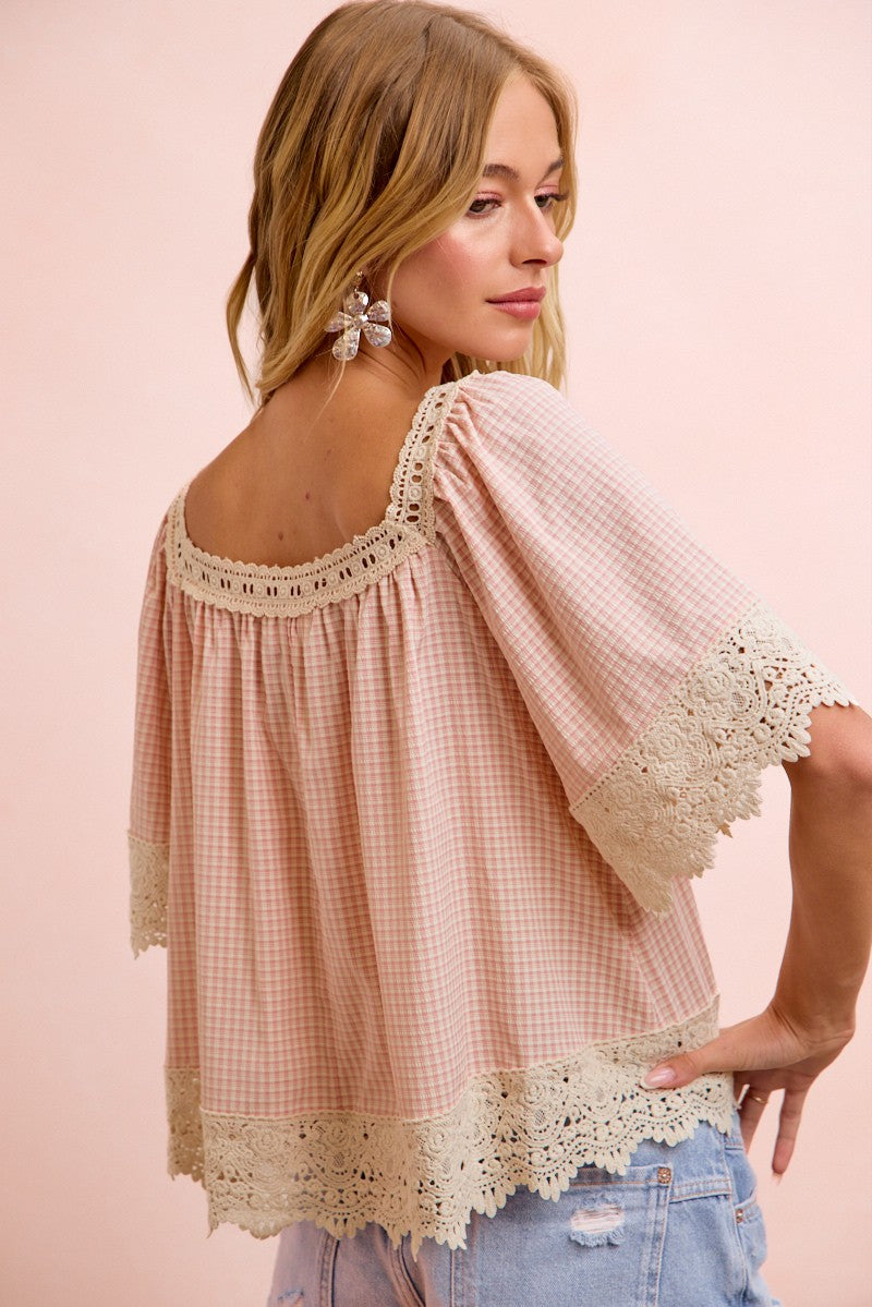Ginger Gingham & Lace Top Blush