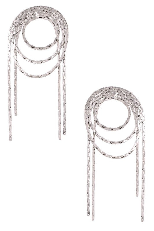 Metal Chain Hoop Tassel Earrings, Rhodium
