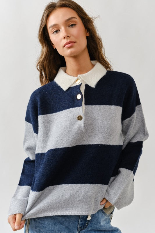 Jamie Striped Polo Sweater Navy/Grey