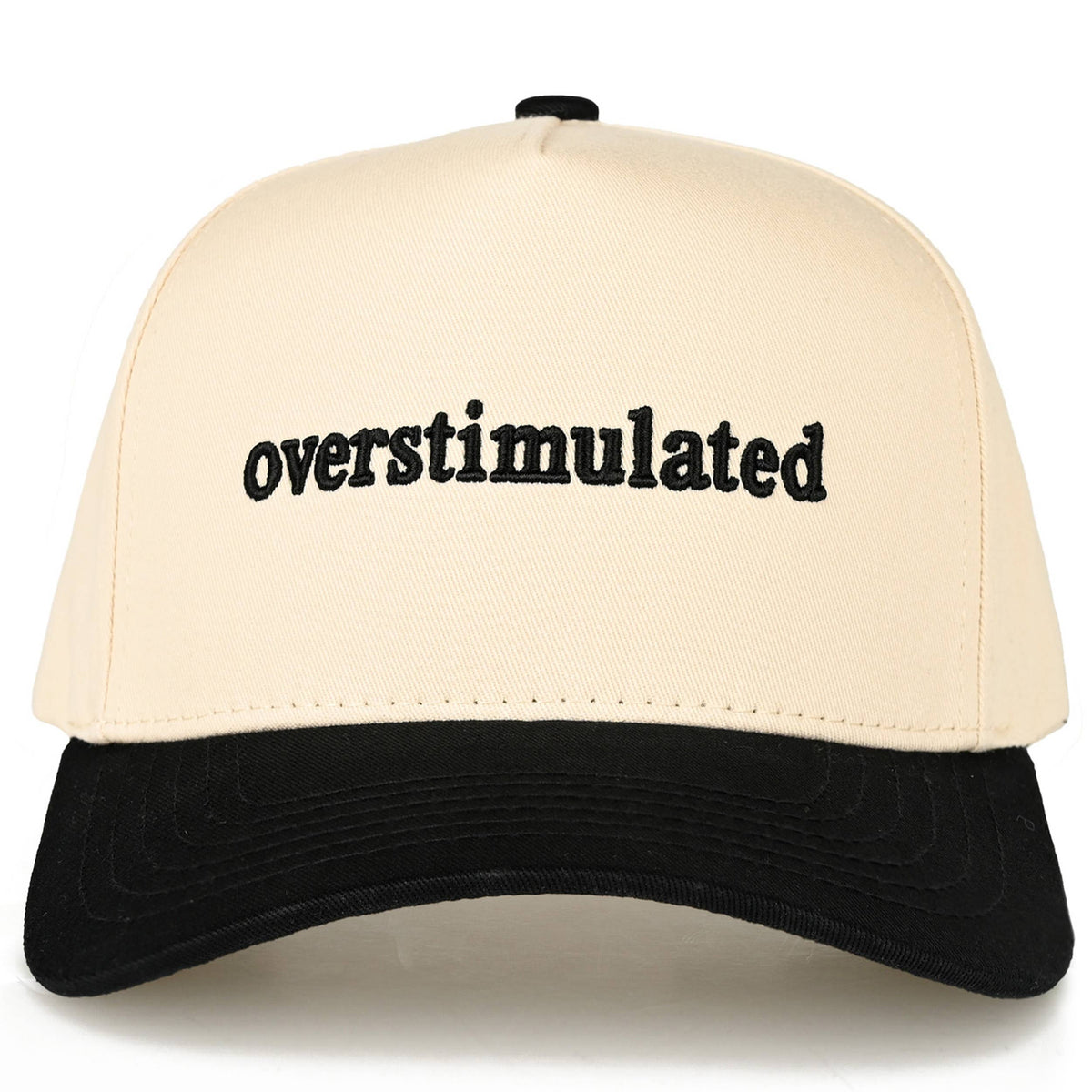 Beige cap with black 'overstimulated' text on a white background