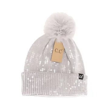 Allover Clear Sequin Faux Fur Pom C.C. Beanie
