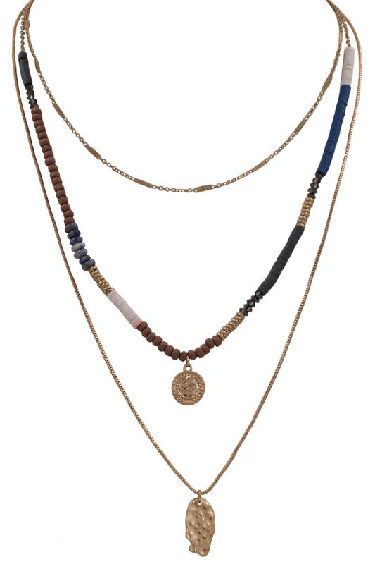 Layered Multi Bead Disc Charm Necklace Rose