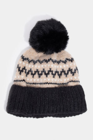 Nordic Pattern Knit Pom Pom Beanie Black