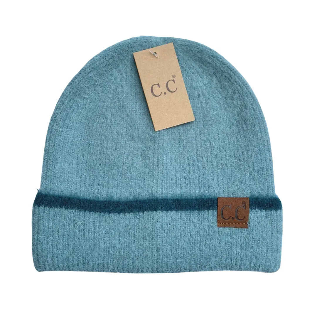 C.C. Feather Yarn Cuff Beanie W/Stripe, Dusty Blue