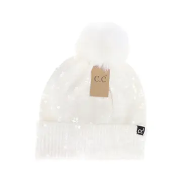 Allover Clear Sequin Faux Fur Pom C.C. Beanie